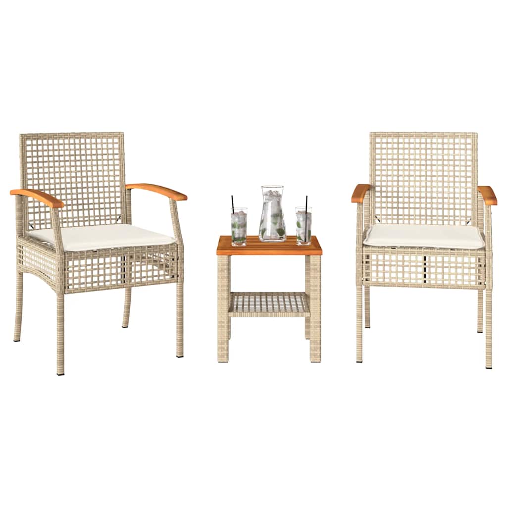 vidaXL 3-delige Bistroset met kussens poly rattan en acaciahout zwart
