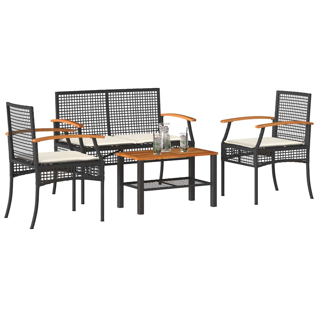 vidaXL 3-delige Bistroset met kussens poly rattan en acaciahout zwart