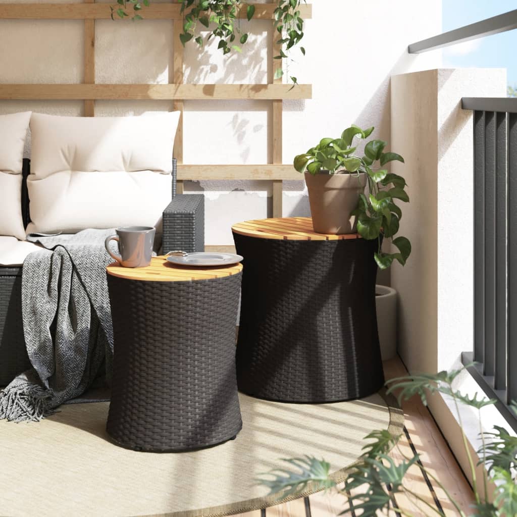 vidaXL Tuinbijzettafels 2 st met houten blad poly rattan zwart