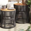 vidaXL Tuinbijzettafels 2 st met houten blad poly rattan zwart
