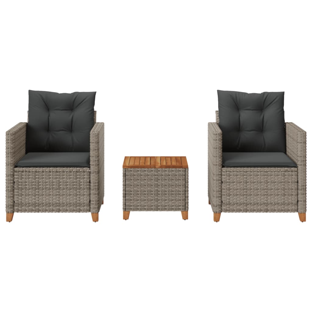 vidaXL 3-delige Bistroset met kussens poly rattan en acaciahout zwart