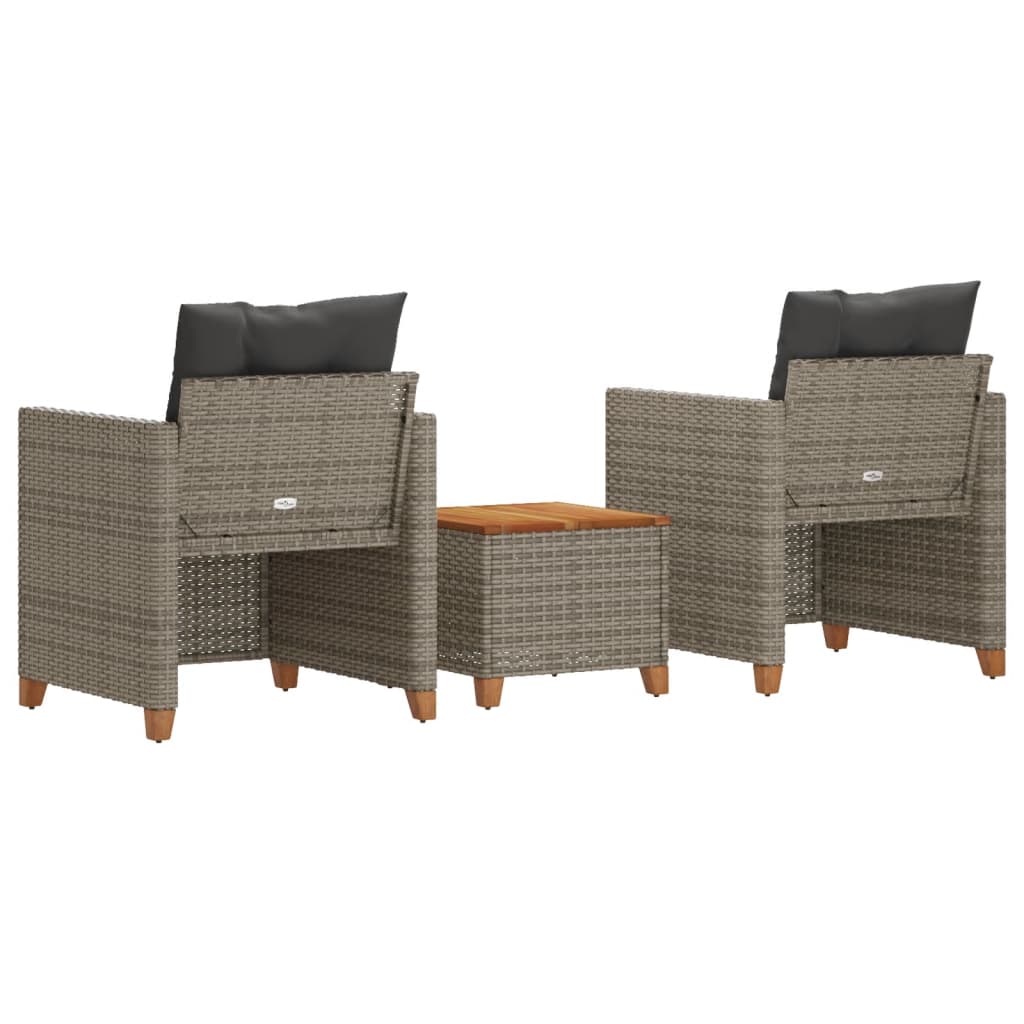 vidaXL 3-delige Bistroset met kussens poly rattan en acaciahout zwart