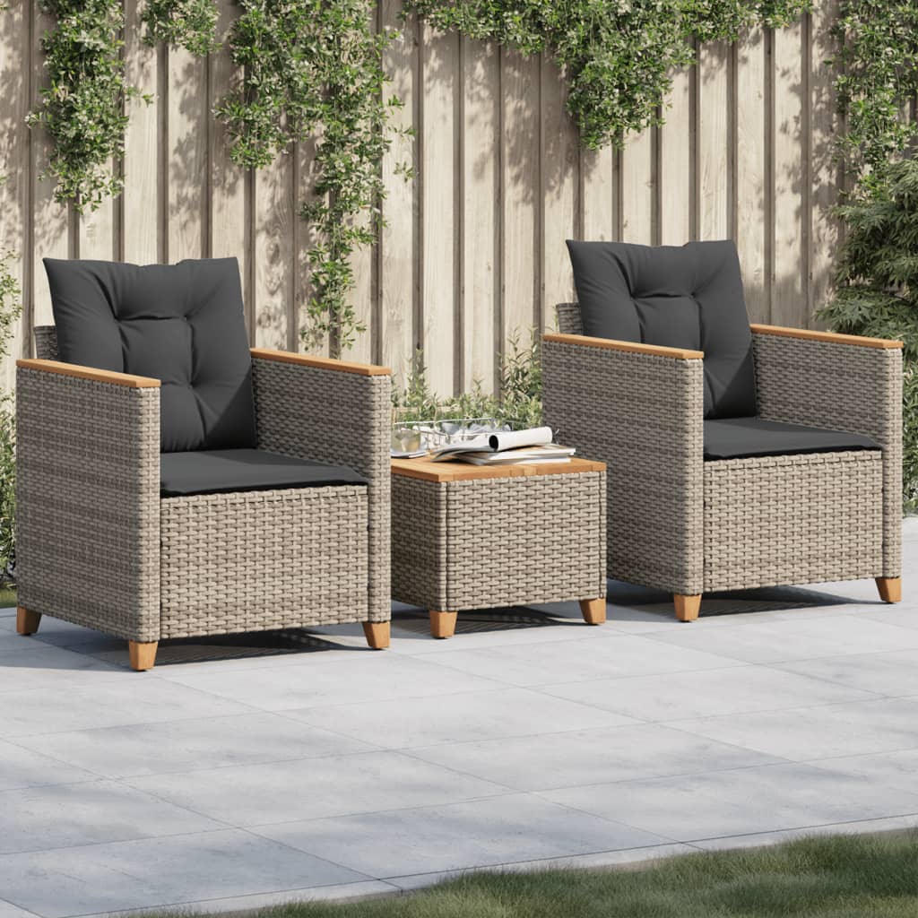 vidaXL 3-delige Bistroset met kussens poly rattan en acaciahout zwart