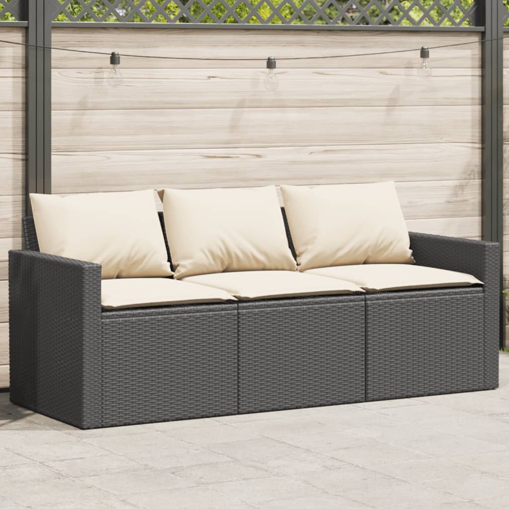 vidaXL Tuinbank 3-zits met kussens poly rattan zwart