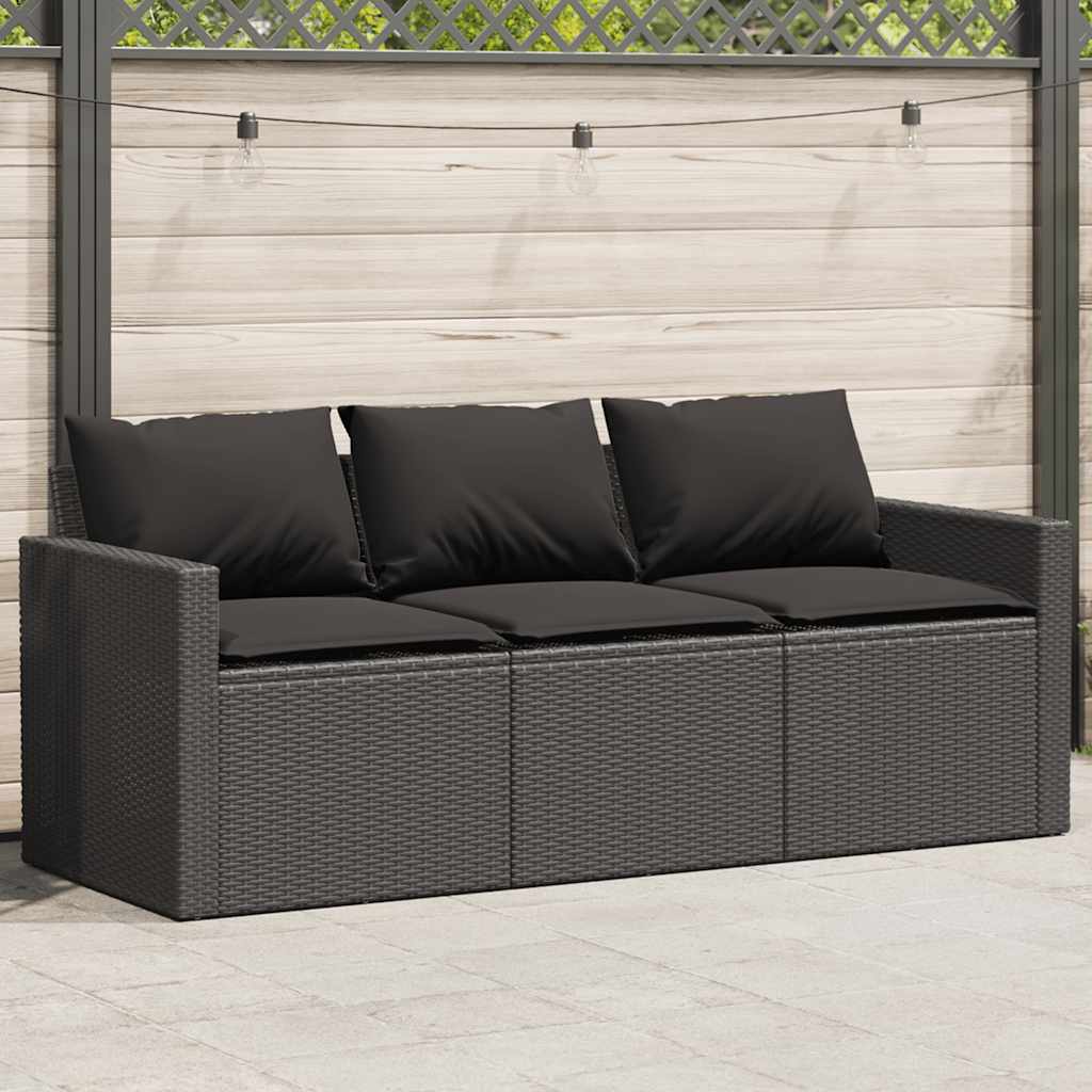 vidaXL Tuinbank 3-zits met kussens poly rattan zwart