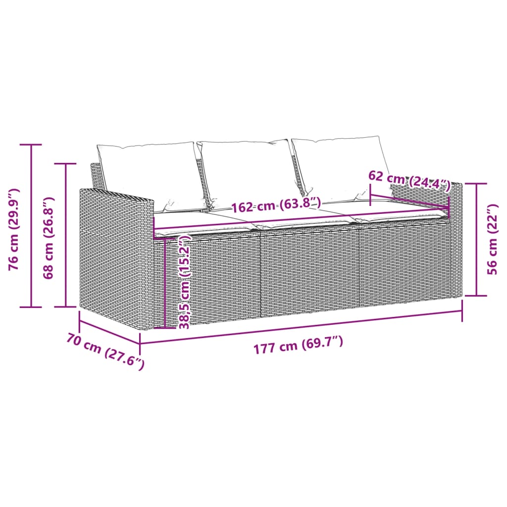 vidaXL Tuinbank 3-zits met kussens poly rattan zwart