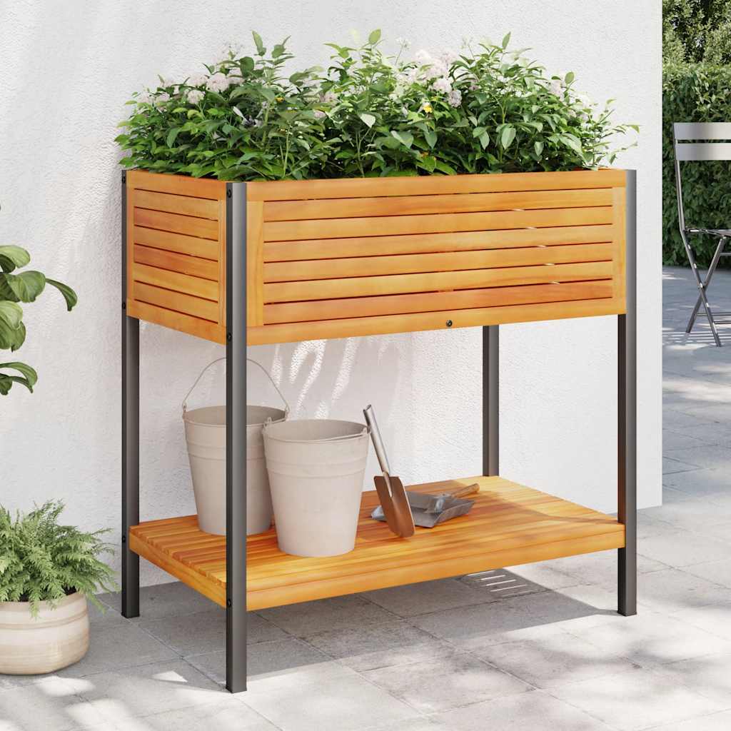 vidaXL Plantenbak met schap 45x45x80 cm massief acaciahout en staal