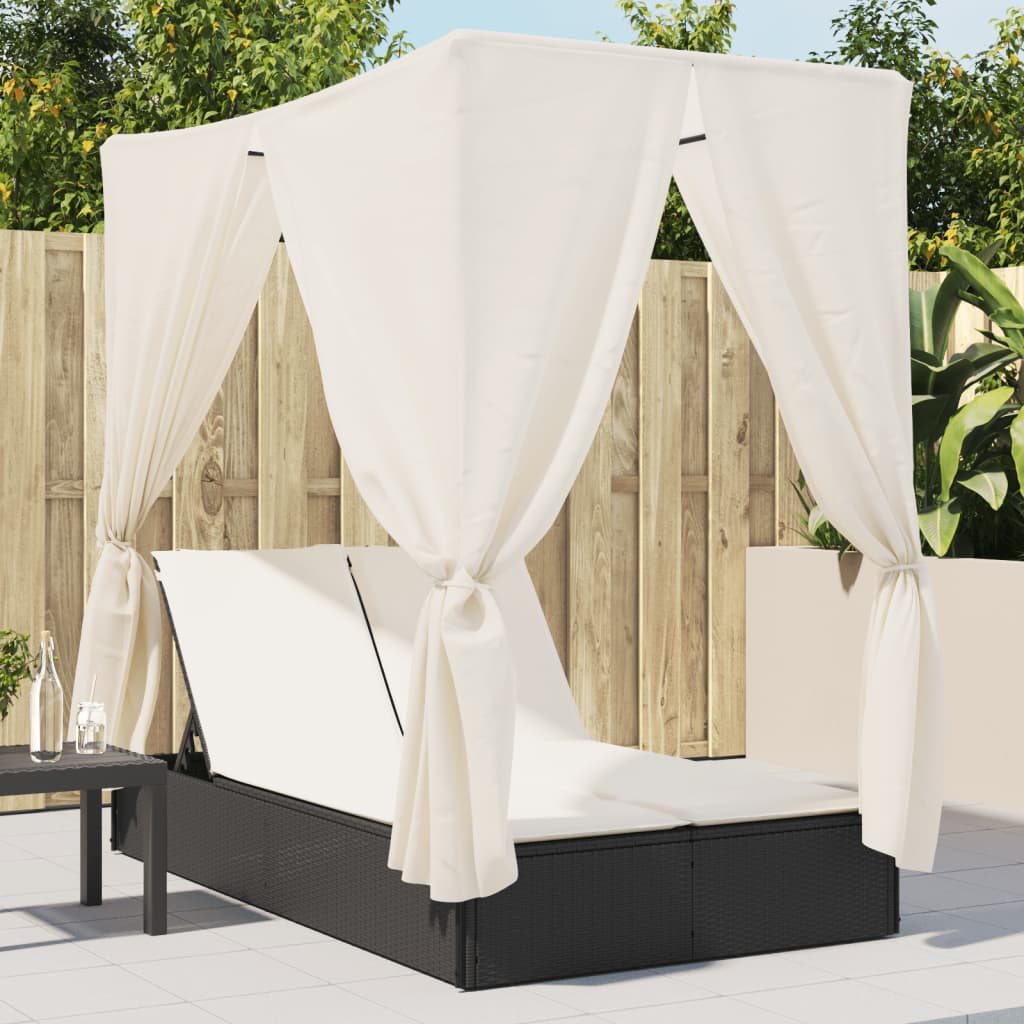 vidaXL Double Sun Lounger with Roof and Curtain Poly Rattan Black