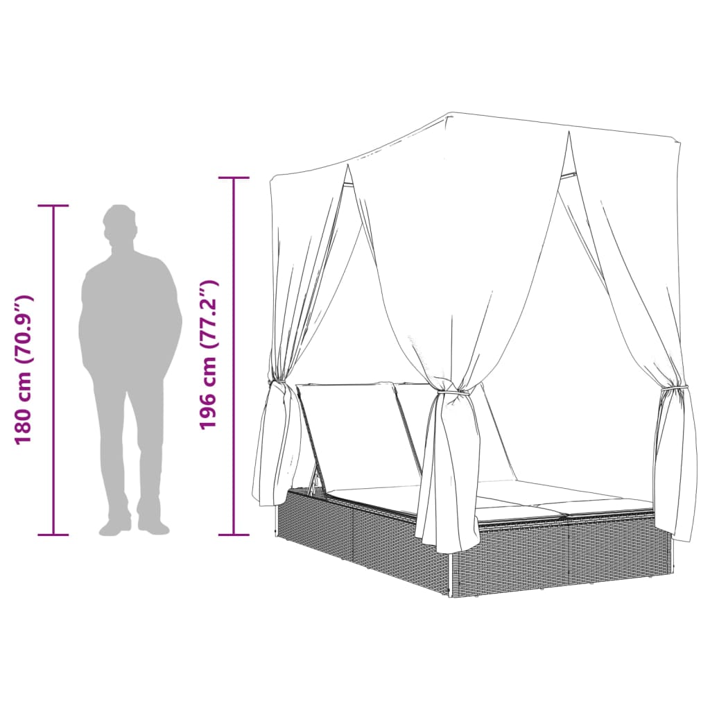 vidaXL Double Sun Lounger with Roof and Curtain Poly Rattan Black