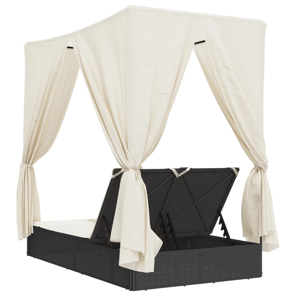 vidaXL Double Sun Lounger with Roof and Curtain Poly Rattan Black