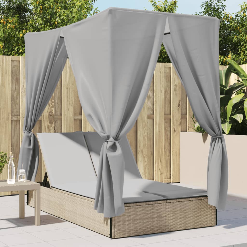 vidaXL Double Sun Lounger with Roof and Curtain Poly Rattan Black