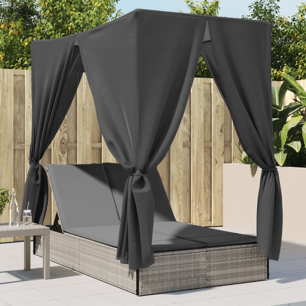 vidaXL Double Sun Lounger with Roof and Curtain Poly Rattan Black