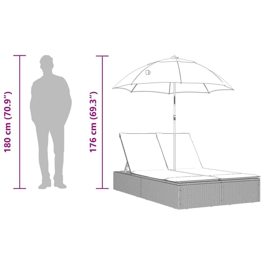 vidaXL Ligbed 2-persoons met kussens en parasol poly rattan zwart