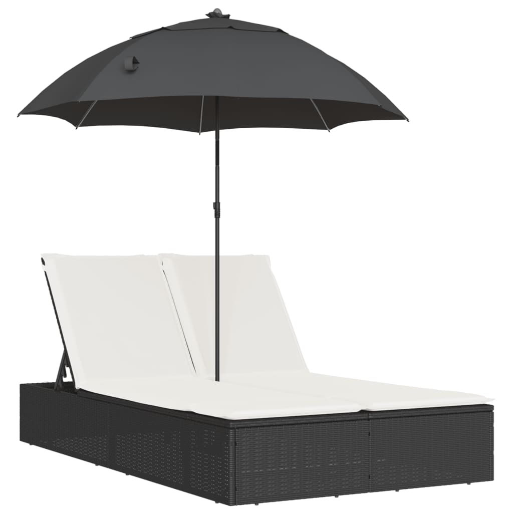 vidaXL Ligbed 2-persoons met kussens en parasol poly rattan zwart