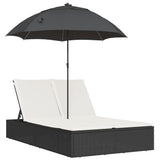 vidaXL Ligbed 2-persoons met kussens en parasol poly rattan zwart