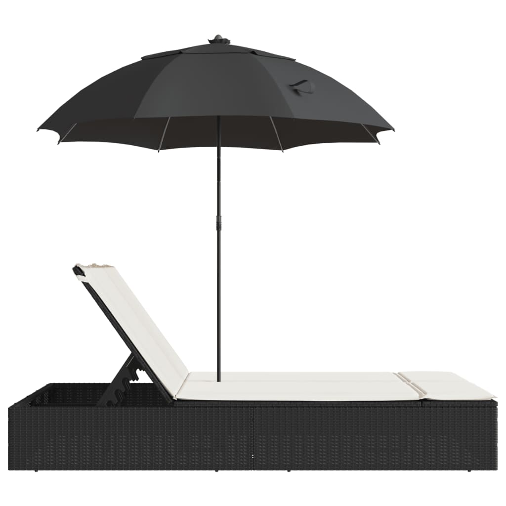 vidaXL Ligbed 2-persoons met kussens en parasol poly rattan zwart