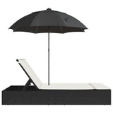 vidaXL Ligbed 2-persoons met kussens en parasol poly rattan zwart