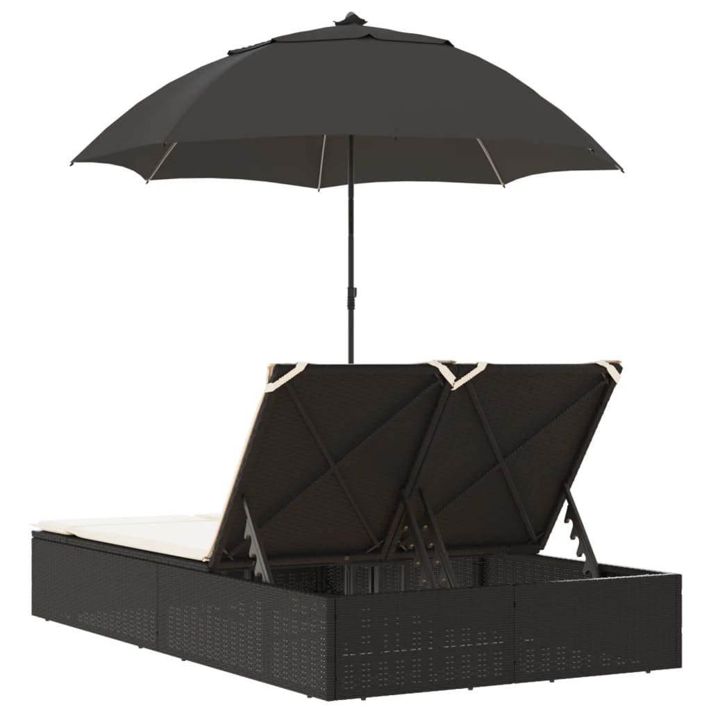 vidaXL Ligbed 2-persoons met kussens en parasol poly rattan zwart