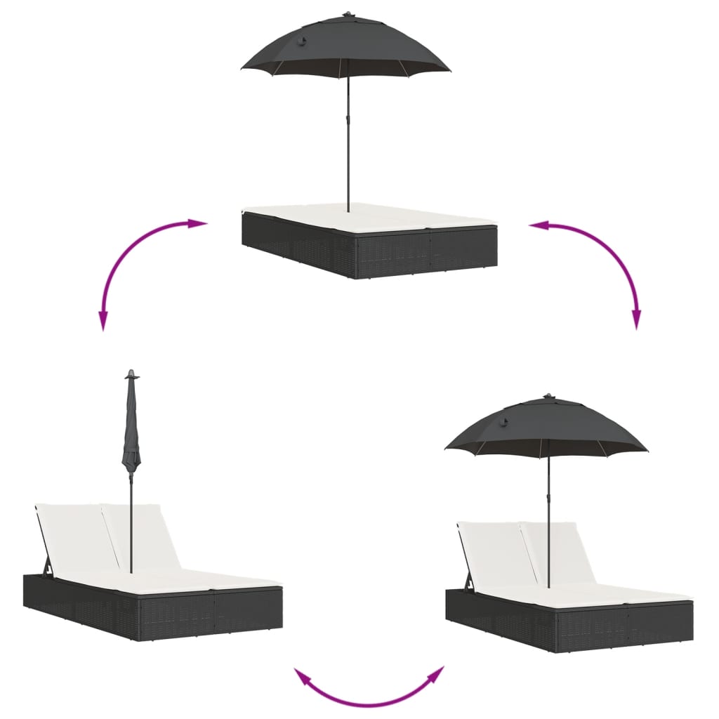 vidaXL Ligbed 2-persoons met kussens en parasol poly rattan zwart