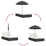 vidaXL Ligbed 2-persoons met kussens en parasol poly rattan zwart
