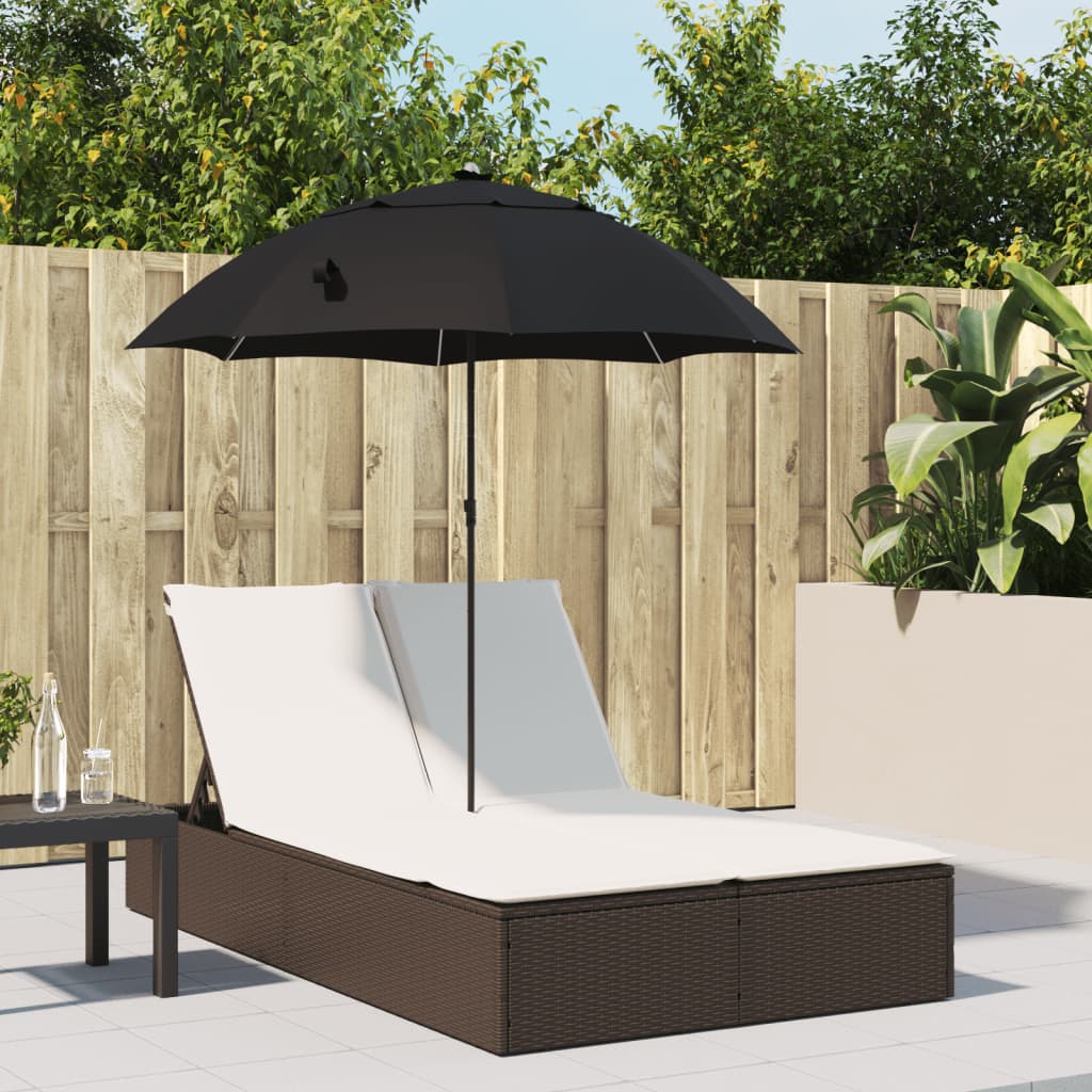 vidaXL Ligbed 2-persoons met kussens en parasol poly rattan zwart