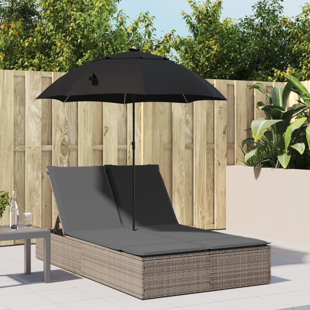 vidaXL Ligbed 2-persoons met kussens en parasol poly rattan zwart