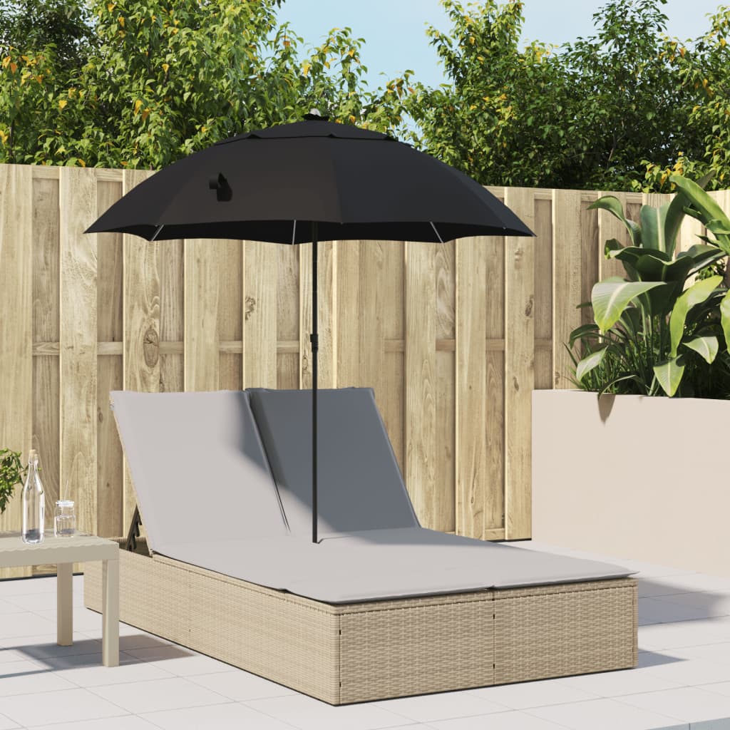 vidaXL Ligbed 2-persoons met kussens en parasol poly rattan zwart