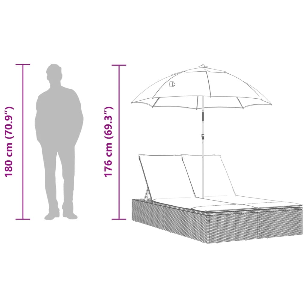 vidaXL 2-Seater Sun Lounger with Cushions and Parasol Poly Rattan Brown