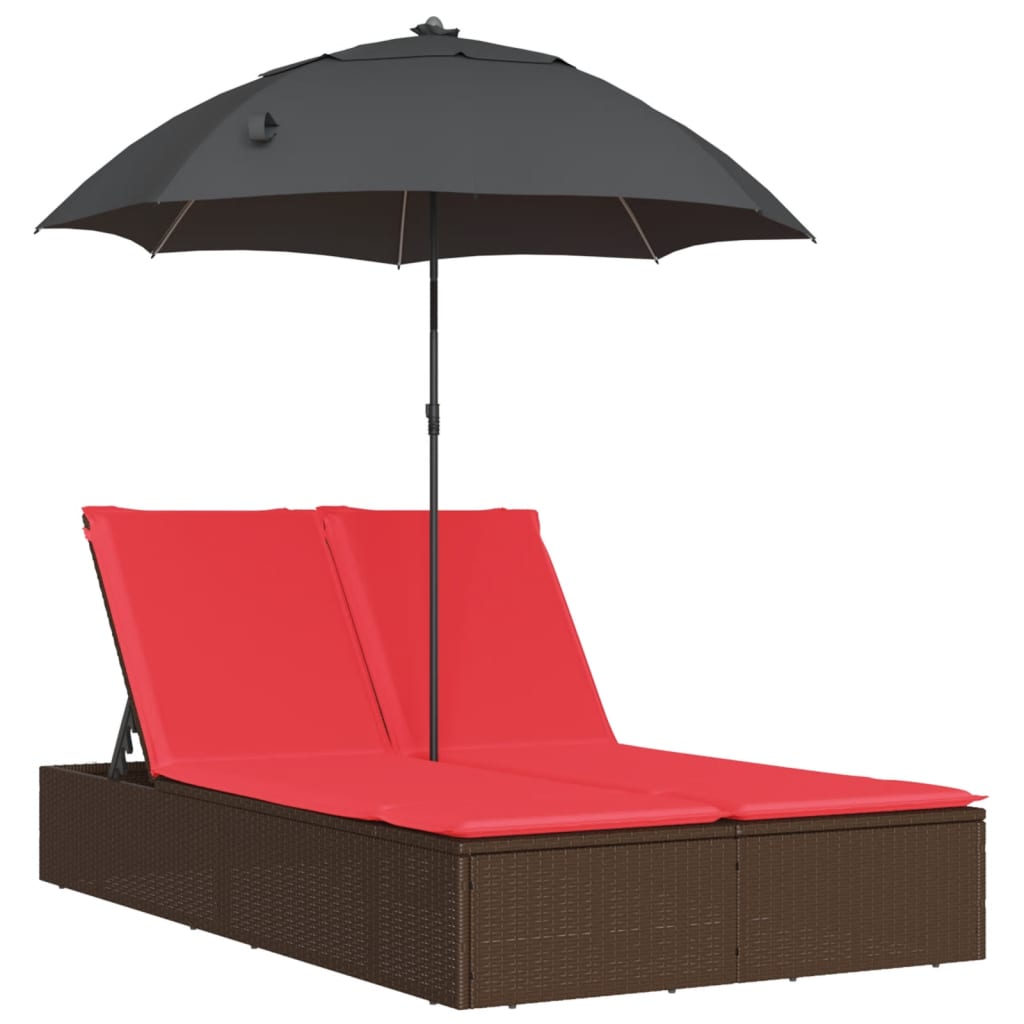 vidaXL 2-Seater Sun Lounger with Cushions and Parasol Poly Rattan Brown