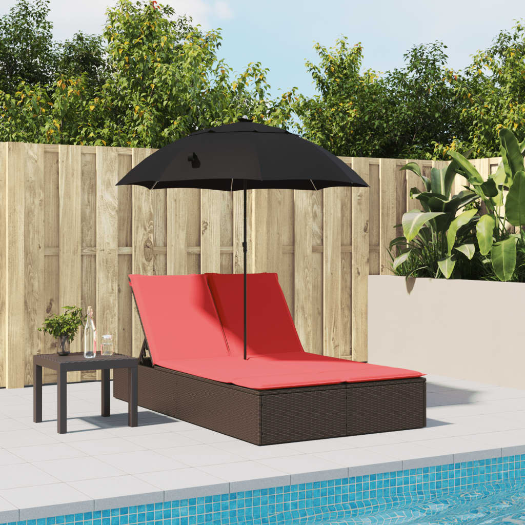 vidaXL 2-Seater Sun Lounger with Cushions and Parasol Poly Rattan Brown