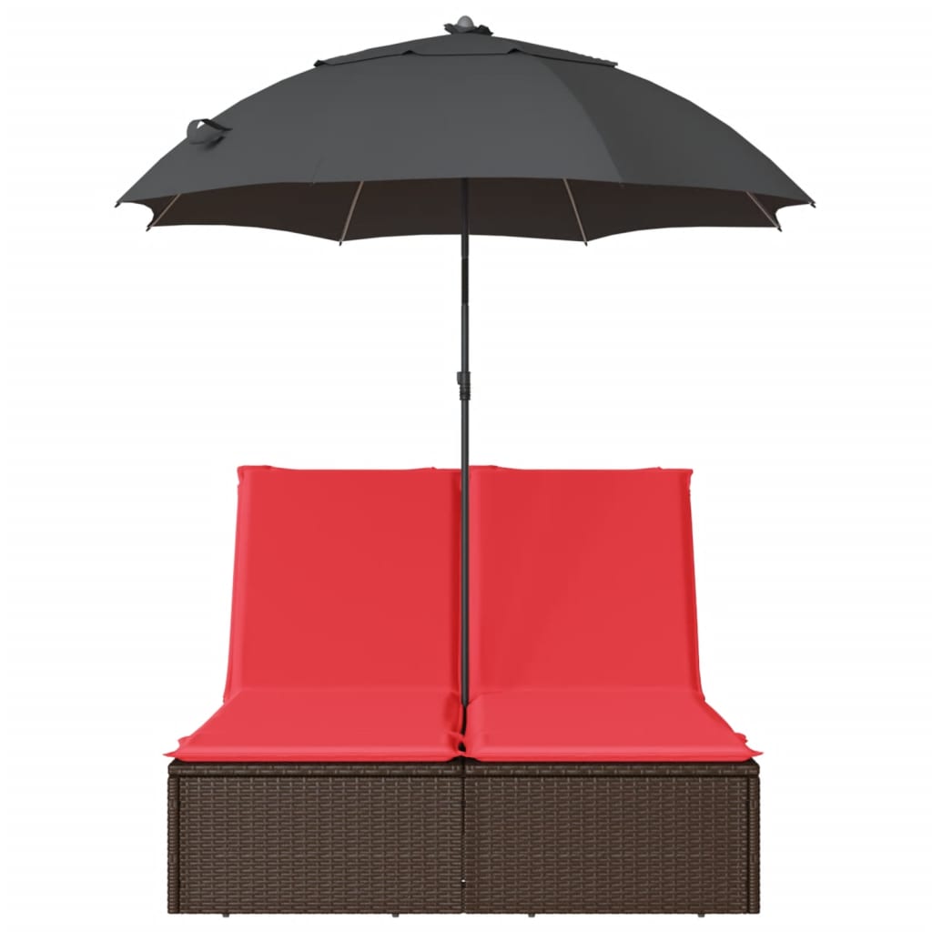 vidaXL 2-Seater Sun Lounger with Cushions and Parasol Poly Rattan Brown