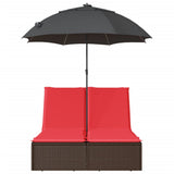 vidaXL 2-Seater Sun Lounger with Cushions and Parasol Poly Rattan Brown