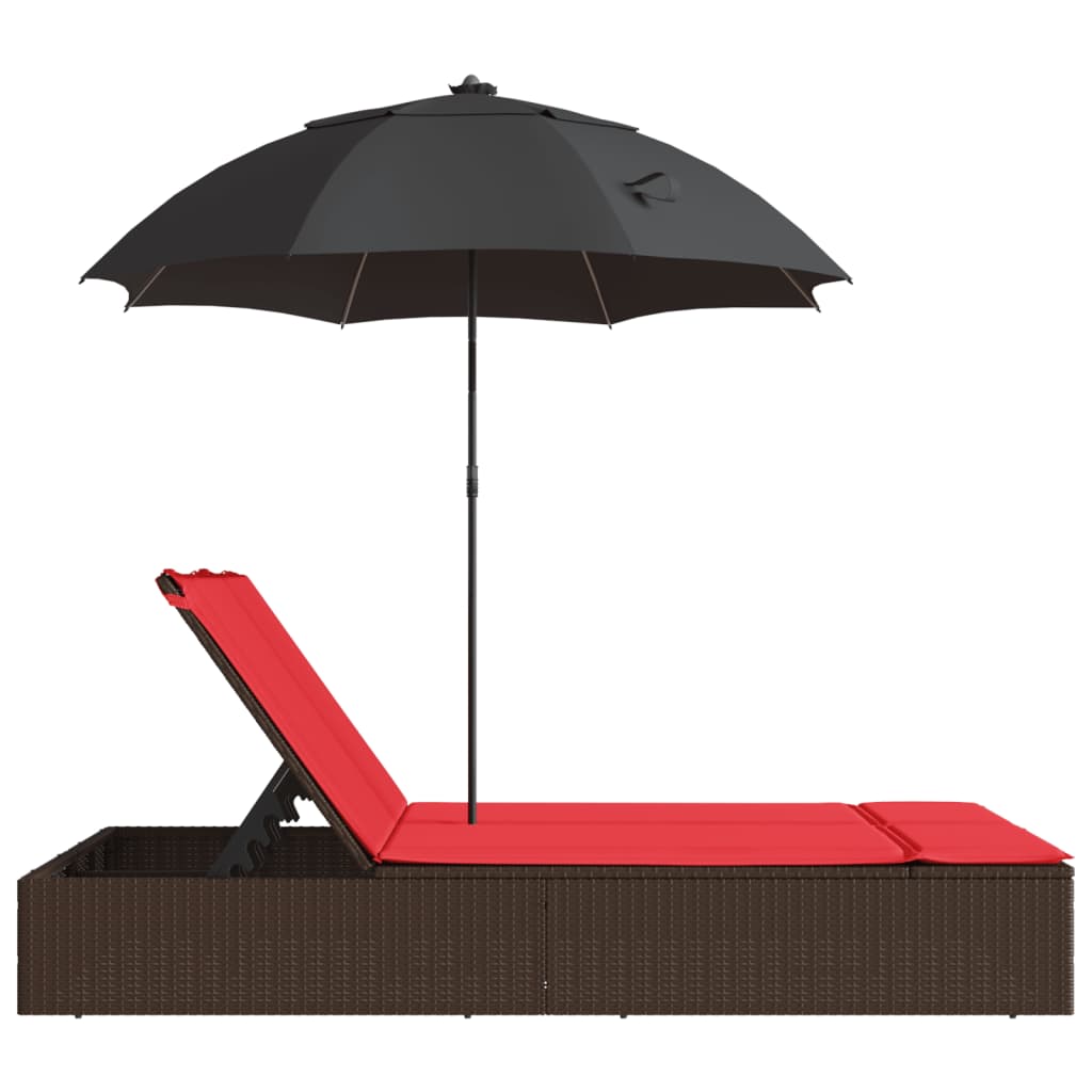 vidaXL 2-Seater Sun Lounger with Cushions and Parasol Poly Rattan Brown