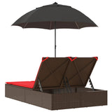 vidaXL 2-Seater Sun Lounger with Cushions and Parasol Poly Rattan Brown