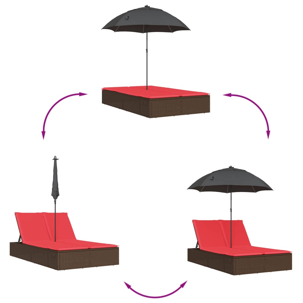 vidaXL 2-Seater Sun Lounger with Cushions and Parasol Poly Rattan Brown
