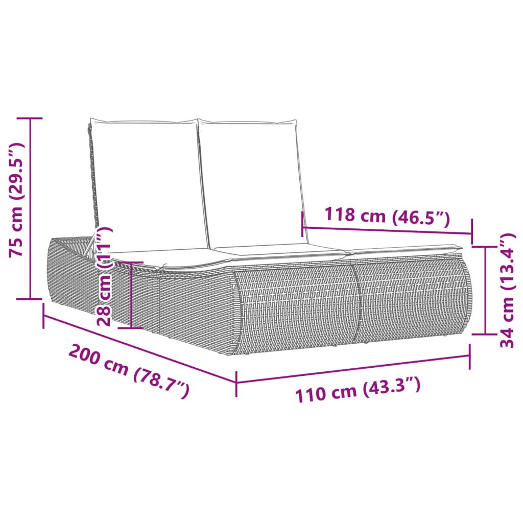 vidaXL Ligbed 2-persoons met kussens poly rattan zwart