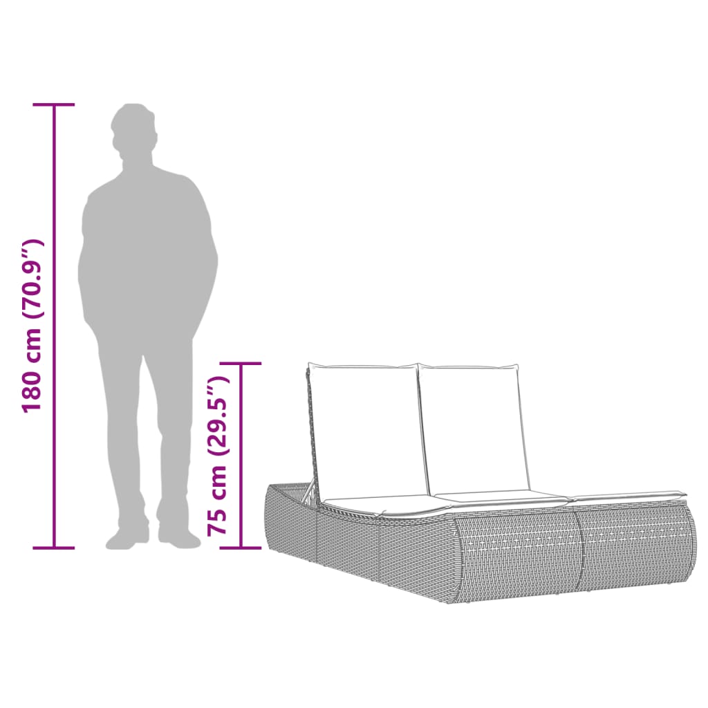 vidaXL Ligbed 2-persoons met kussens poly rattan bruin