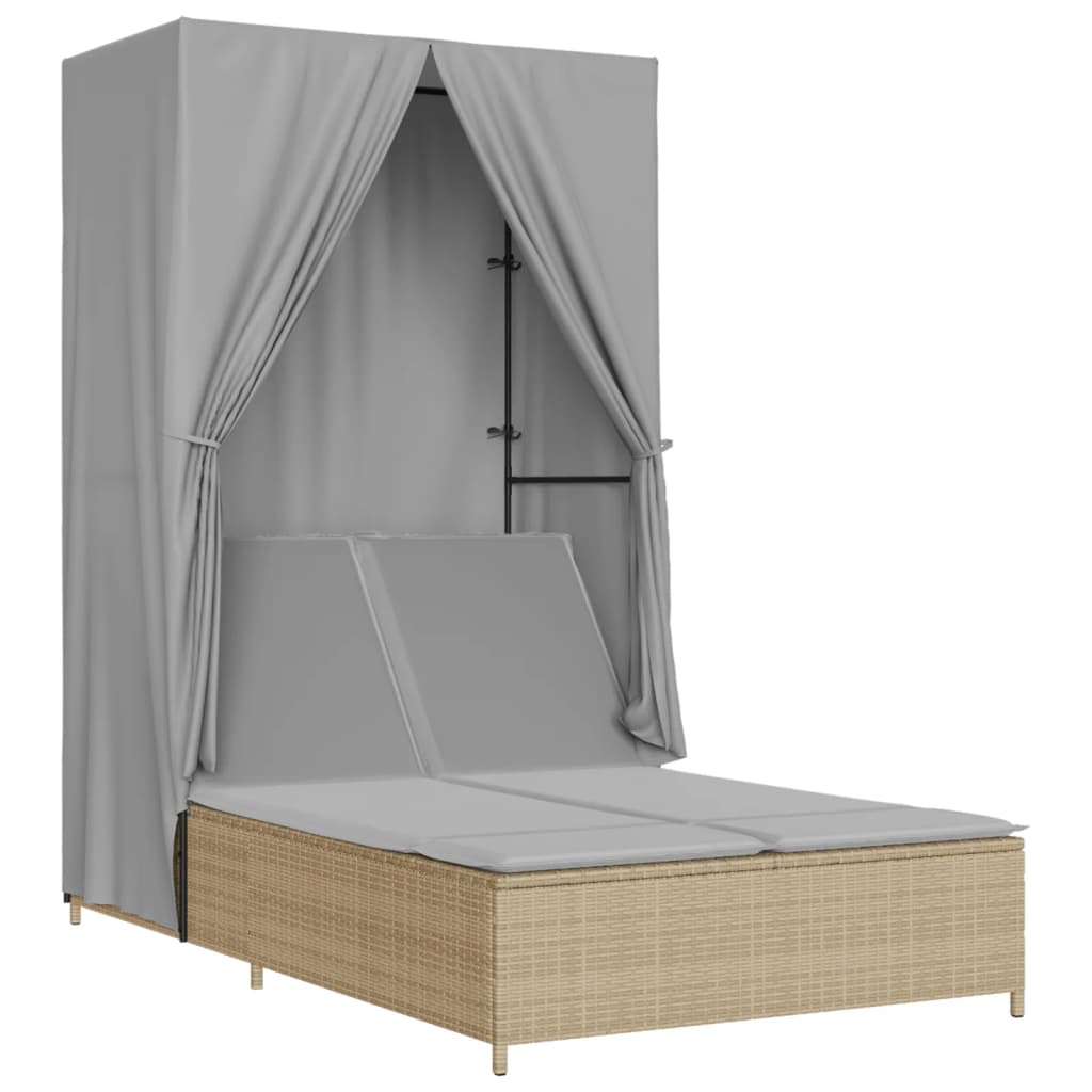 vidaXL Ligbed tweepersoons met dak en gordijn poly rattan zwart