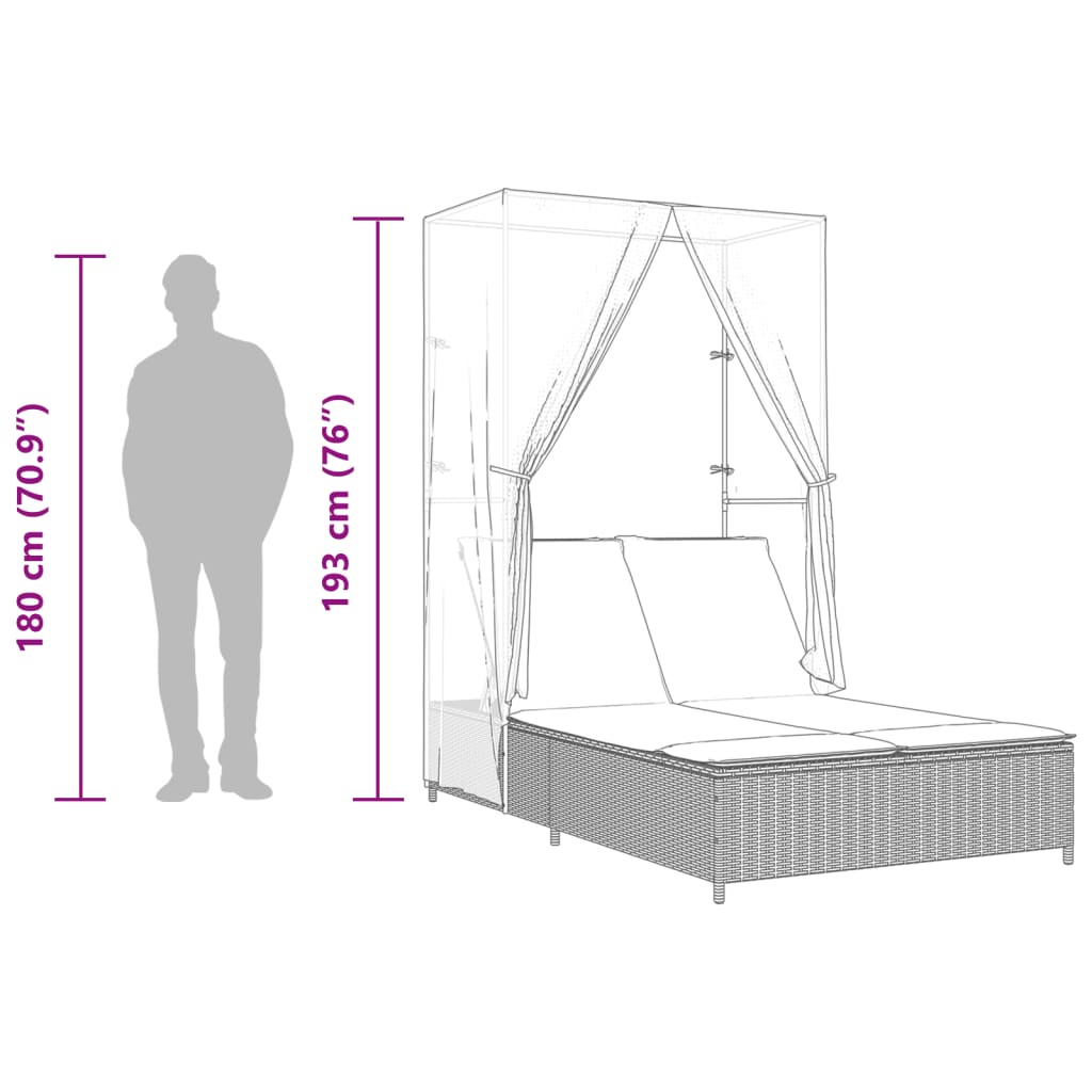 vidaXL Double Daybed with Canopy and Curtains Poly Rattan Grey