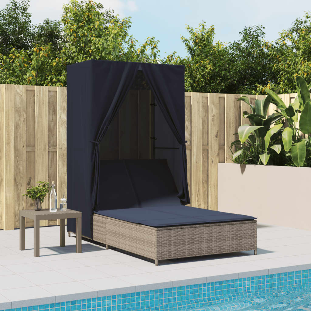 vidaXL Double Daybed with Canopy and Curtains Poly Rattan Grey