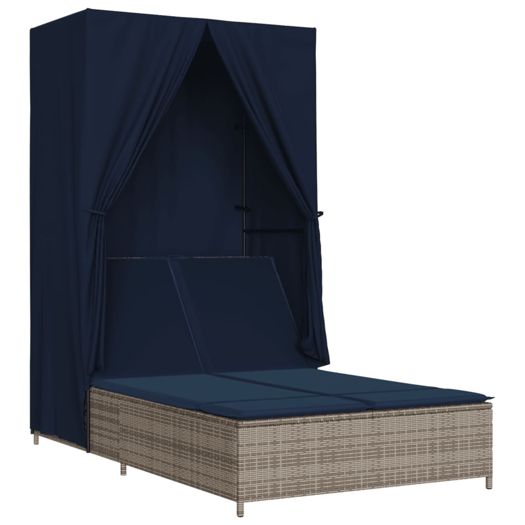 vidaXL Double Daybed with Canopy and Curtains Poly Rattan Grey