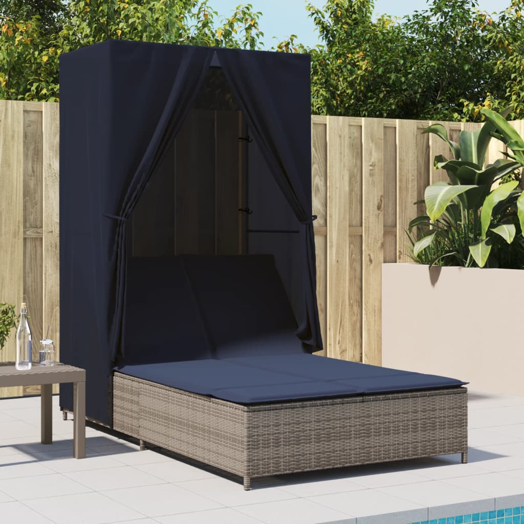 vidaXL Double Daybed with Canopy and Curtains Poly Rattan Grey