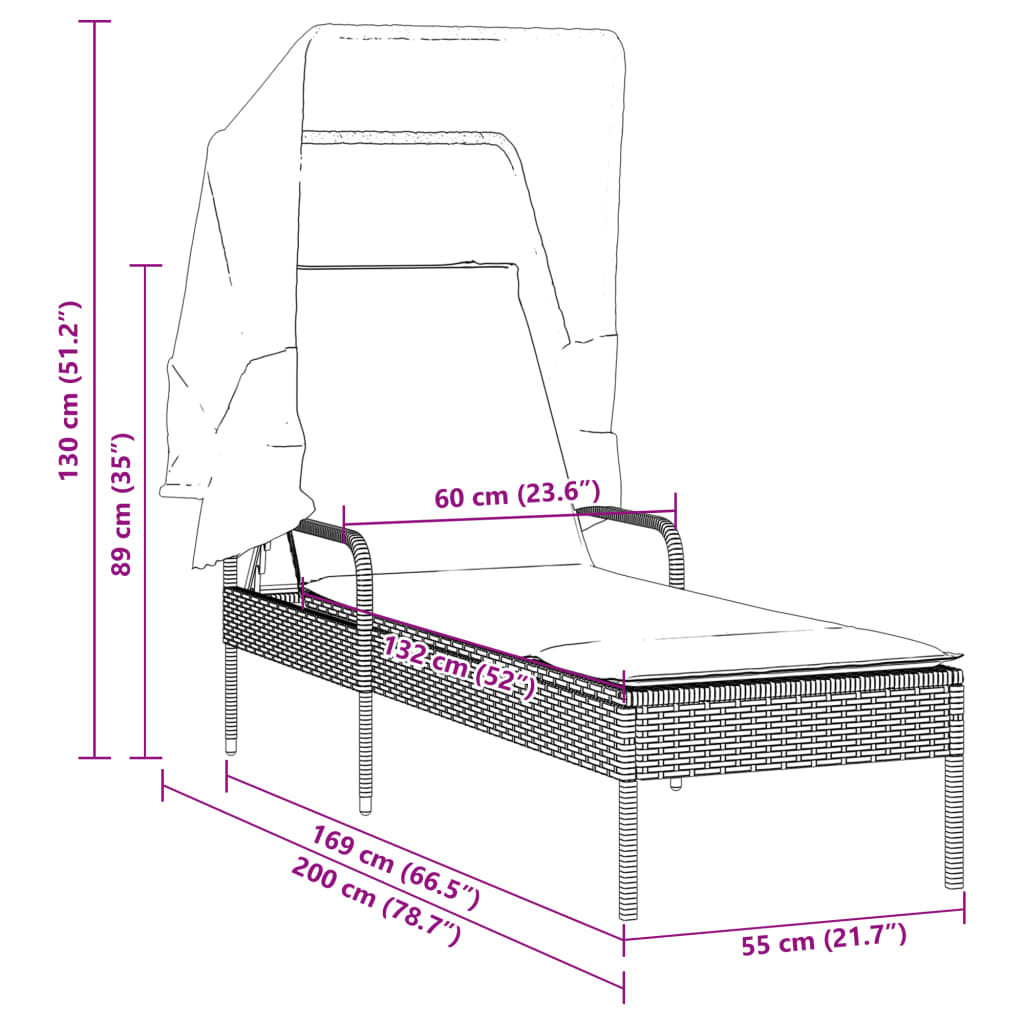 vidaXL Ligbed met luifel poly rattan zwart