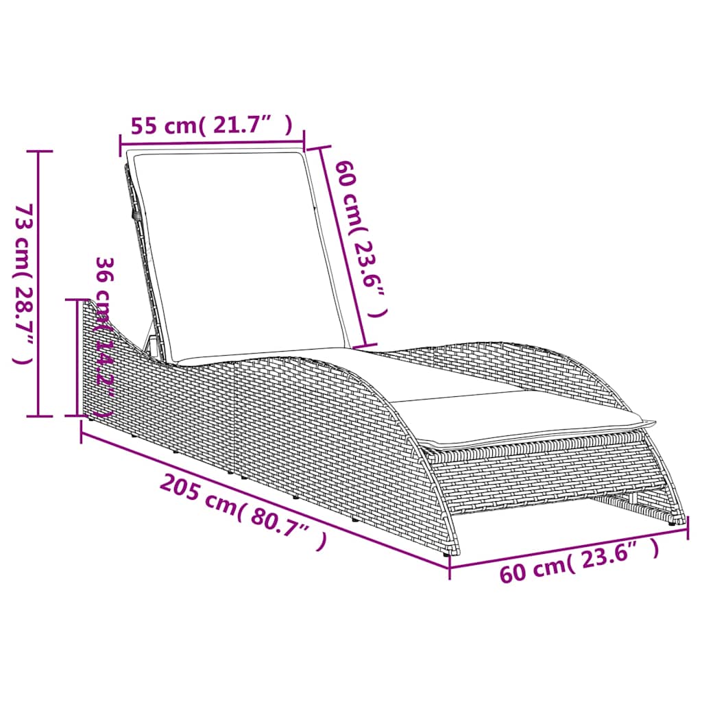 vidaXL Ligbed met kussen grijs 60x205x73 cm poly rattan
