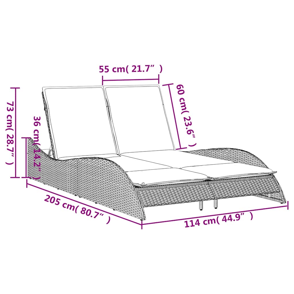 vidaXL Ligbed met kussens grijs 114x205x73 cm poly rattan
