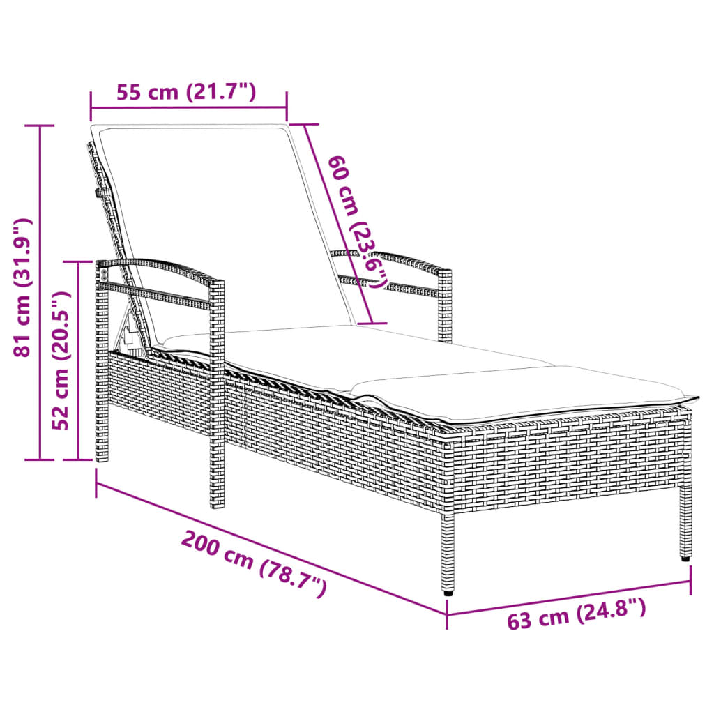 vidaXL Ligbed met kussen 63x200x81 cm poly rattan zwart