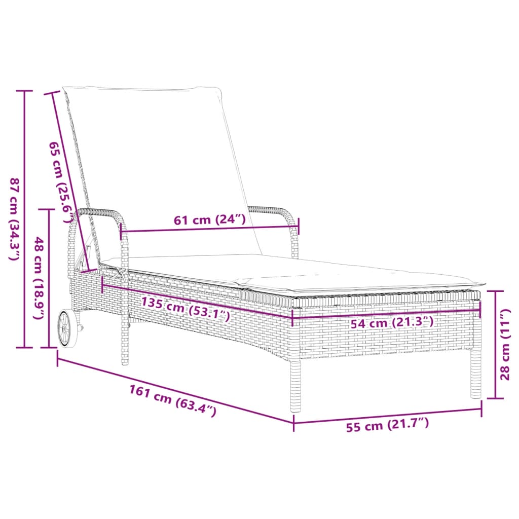 vidaXL Ligbed met wielen en kussen poly rattan zwart