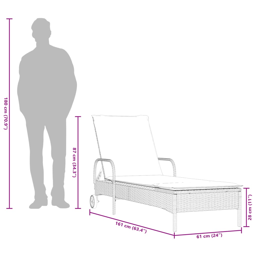 vidaXL Ligbed met wielen en kussen poly rattan zwart