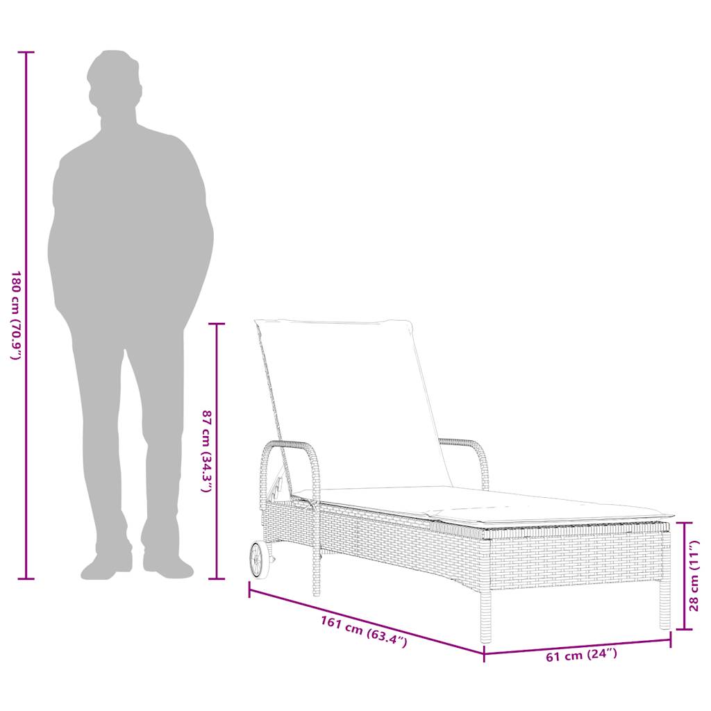 vidaXL Ligstoel met wielen en kussen, bruin polyrotan