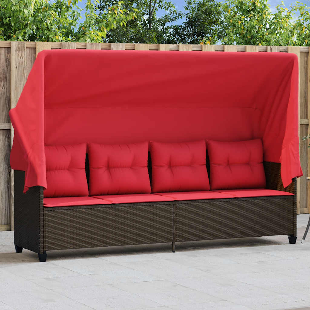 vidaXL Ligbed met luifel en kussens poly rattan bruin
